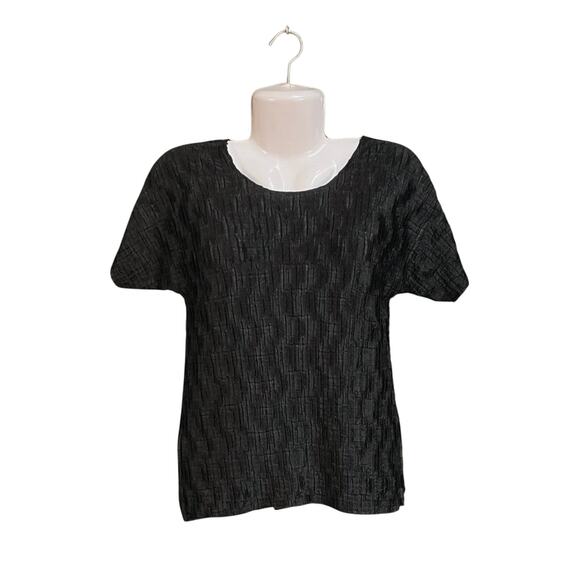 Michele Michelle Women's Black Crinkle Stretch Short Sleeve Blouse Vintage Sz M - Picture 1 of 5